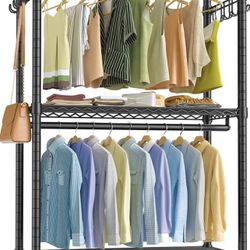 VIPEK V12 Heavy Duty Rolling Garment Rack 3 Tiers Adjustable Wire Shelving Clothes Rack with Double Rods and Side Hooks, Freestanding Wardrobe Storage