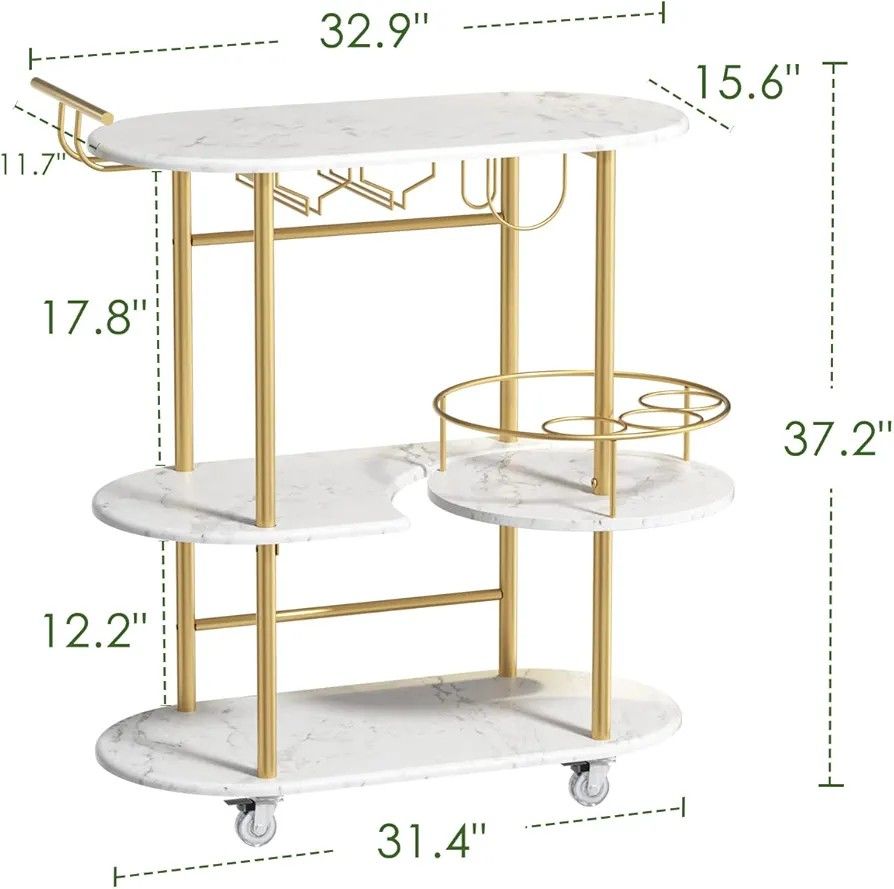 Gold Bar Carts with 4 Tier Storage Shelves, Mobile Bar Serving Cart with Wine Rack and Glass Holder, for The Home, Kitchen, Living Room, Dining Room