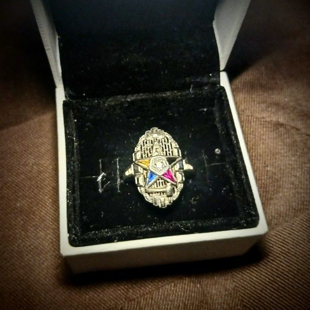 Antique 14kt White Gold Masonic Eastern Star Diamond Gem Ladies Filigree Ring