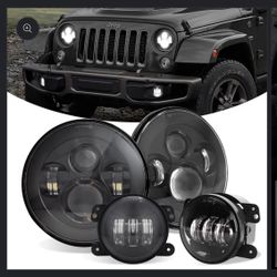 Set Of Black Headlights And Fog Lights Led Fit Jeep Wrangler JK
