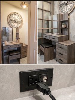 DESK / MAKEUP VANITY console set with a matching stool and a built-in power strip <>< LIKE NEW <><