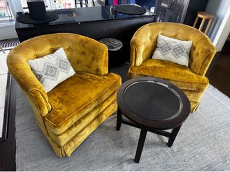 2 Vintage Petite Swivel Lounge Chairs Marigold Tufted Skirt