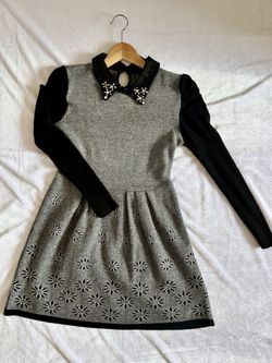 Black & Gray Knit Dress with Beaded Collar – Vintage Inspired – Size S