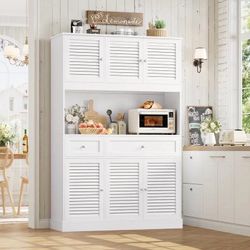 70"Tall & Freestanding Kitchen Pantry Cabinet with Adjustable Shelves & Louvered Door, White.