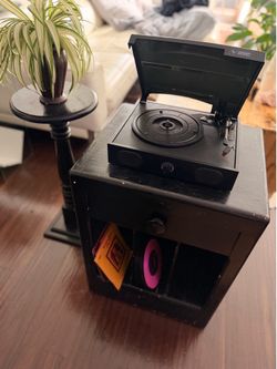 Black Wood Side Table + Pedestal Plant Stand Set