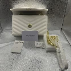Saint Laurent Monogram Quilted Leather Chain Wallet White/Gold