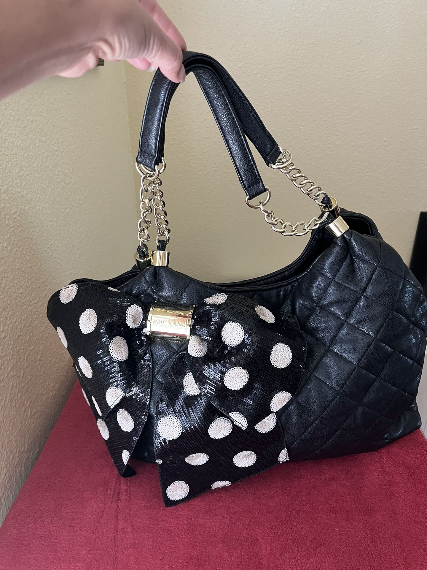 BETSEY JOHNSON Sequin Polka Dot Bow Quilted Black Chain Strap Tote Large Bag
