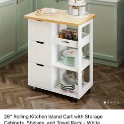 Kitchen Island On Wheels , 26’’ Not White As Pictured It Is BLACK.  Brand new In Box