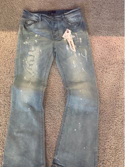 Purple brand flared jeans light blueish ripped style white drops