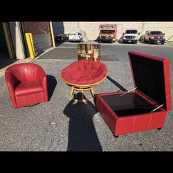 Leather Lounge Chair& Storage Ottoman & Painting 