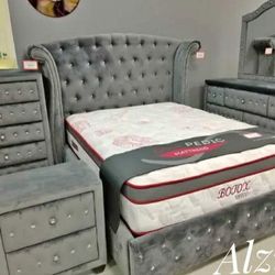 King, Queen Bedroom Set; Bed Frame, Dresser, Night Stand, Mirror.  Chest Sold Separately.