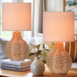Set of 2 Small Boho Rattan  Woven End Table Lamps ,