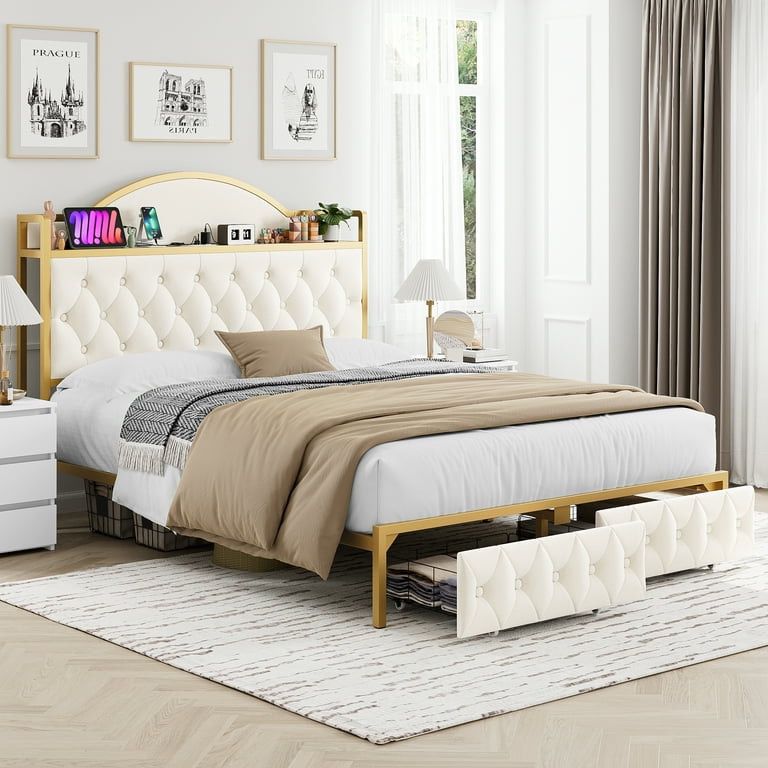  Full Size Storage Bed with 2 Drawers, Velvet Upholstered Bed with Shelving and Charging, Off White