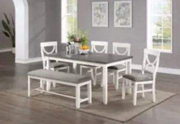 Farmhouse 6pc Dining Set height 5x3 table white and gray (all gray available) 4 upholstered chairs and matching upholstered bench. pick up delivery av