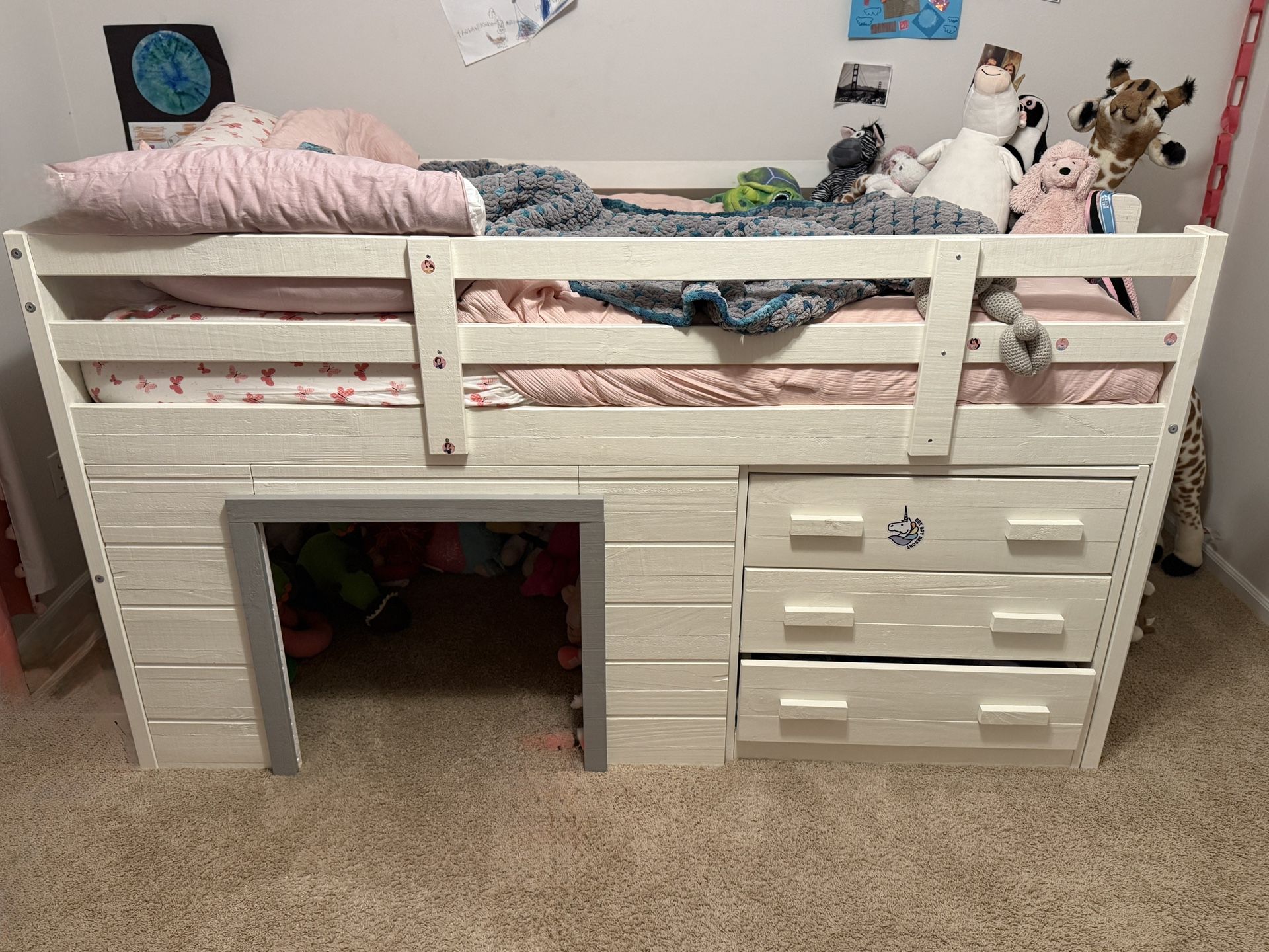 White Twin Loft Bed w/ Storage & Playhouse Space – Excellent Condition