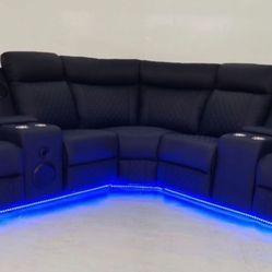 Black Leather Sectional Recliner - W/ Led & Bluetooth Speaker 