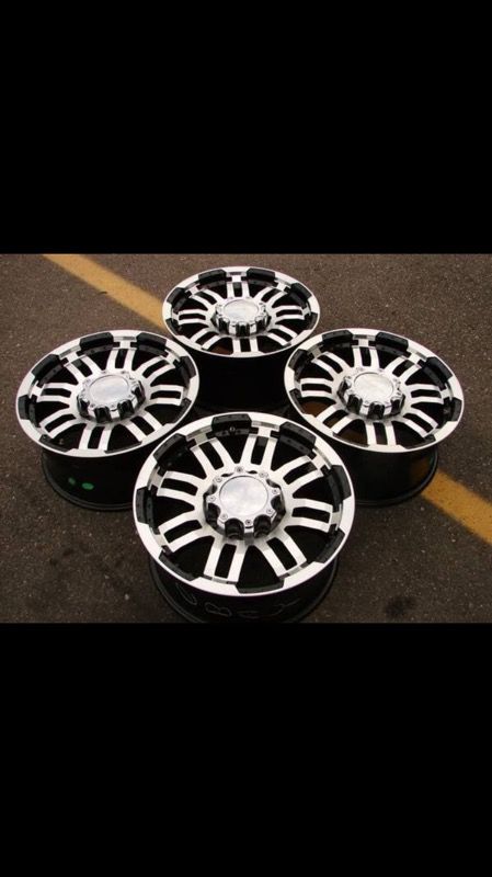 *** 18" 8-LUG DODGE CHEVY BLACK AND CHROME WHEELS NEW TAKEOFFS ***