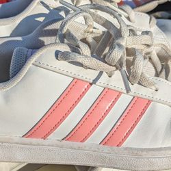 Gently Used Women's White And Pink Striped Adidas Shoes 