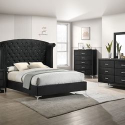 4 pc black velvet tufted upholstered bedroom set nail head trim available queen $799 e king $899 (free local delivery) CR 
