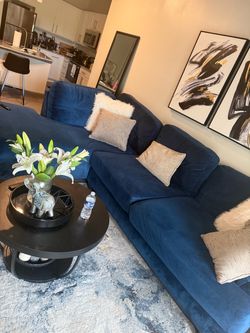 Blue Velvet Sectional Sofa with Ottoman