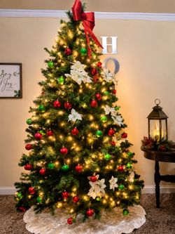7.5 Ft Artificial Christmas Tree with Lights & Decorations – Excellent Condition