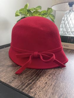 Red Wool Felt Cloche Hat With Bow Detail 