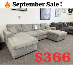 Light Gray Corduroy Double Chaise Sectional Sofa  122"W X 60"D X 35"H
