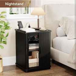Square End Table with Storage & Charging Station, Fluted Accent Side Table with Sliding Door, Black W-24