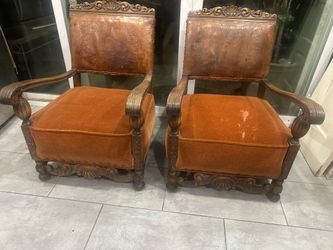 Unique Pair of Antique Carved Wood Armchairs with Embossed Leather Backs and Mohair Seats