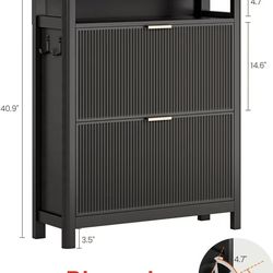 🥨AOGLLATI Shoe Cabinet Storage,Narrow Fluted Shoe Rack Cabinet with 2 Flip Drawers, Wooden Freestanding Organizer with Open Storage Space for Entrywa