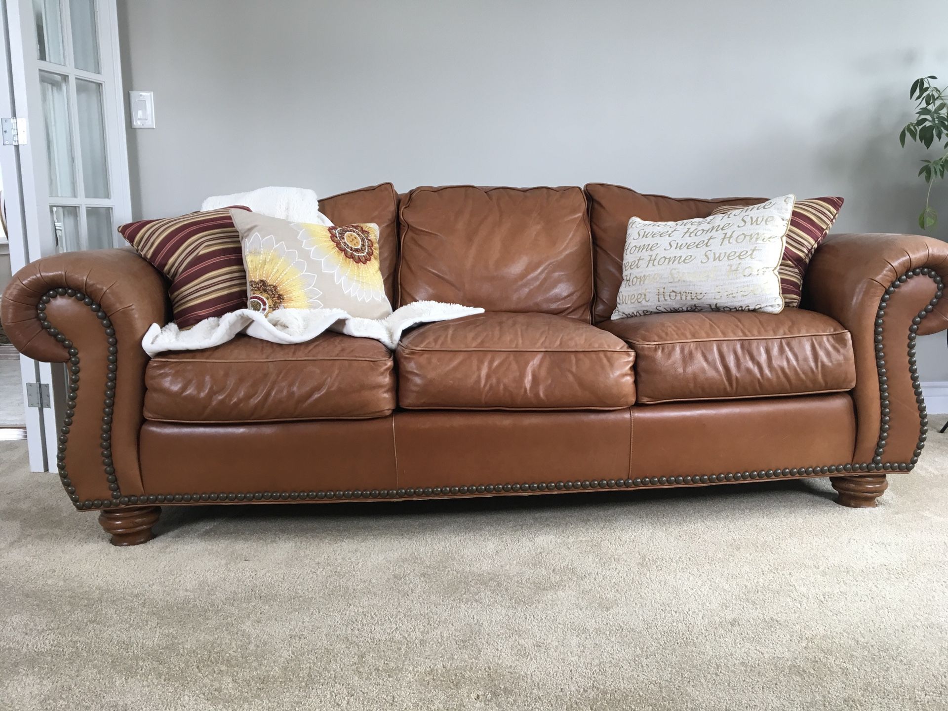 Leather Sofa / Couch with Antiqued Nailhead Trim