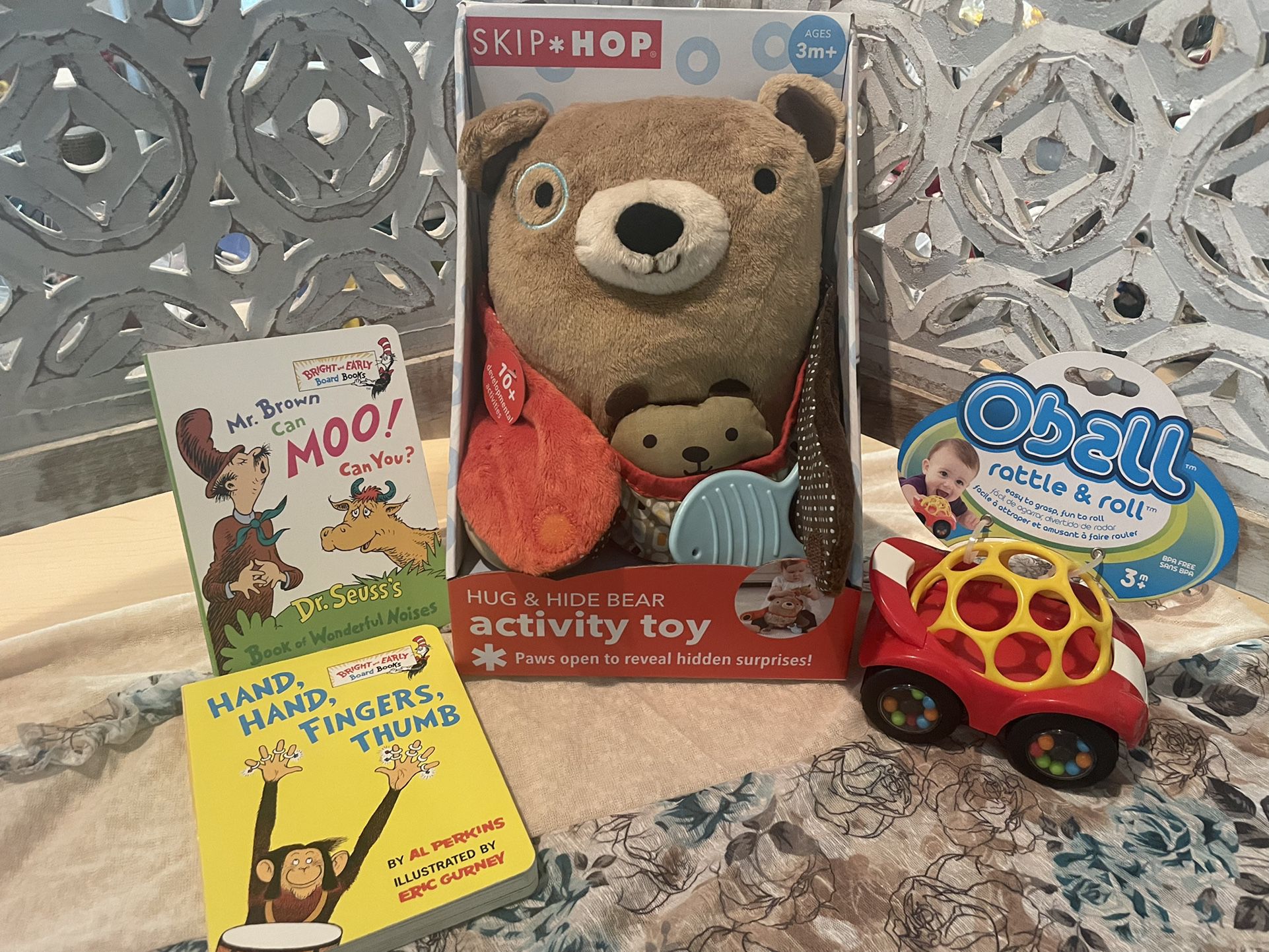 Baby Gift, Baby Toys, Baby Books, Baby Activity Toy, Baby Rattle , Hug And Hide Activity Toy, Car Rattle And Two Books All New And Unused  
