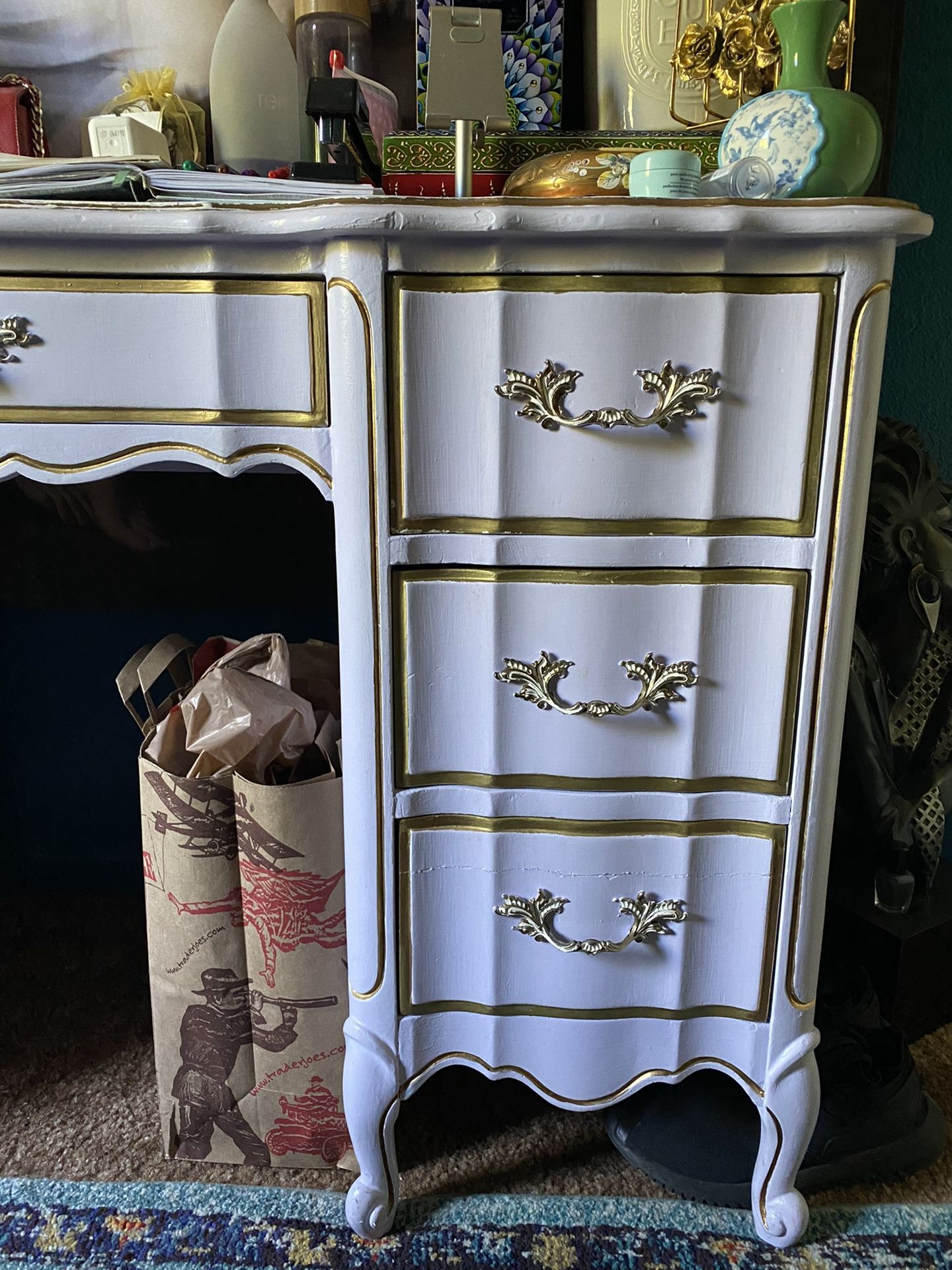 French Rustic Cottage Chic Lavender Gold Handpainted Desk