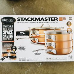 Gotham Steel Stackmaster 10 Pc Pots and Pans Set Non Stick Cookware Set with Kitchen Utensils, Induction Ready, Non Toxic Pot and Pan Set With Space S