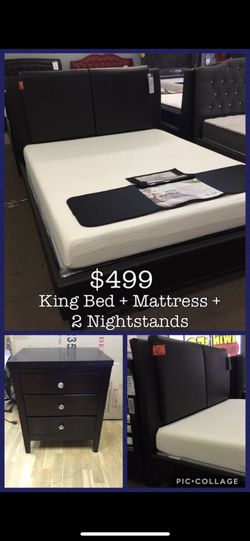 King bed with memory foam mattress with 2 nightstands