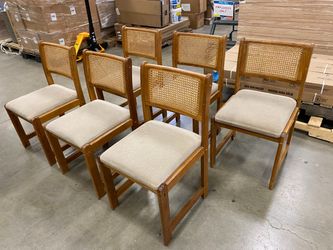 Light Wood Cane Back Dining Chair with Beige Cushion and U-Shaped Legs (Set of 6)