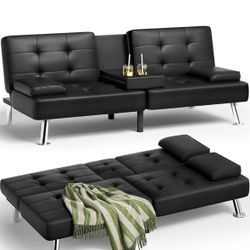 Homall Futon Sofa Bed, Leather Futon Couch, Adjustable Recliner Sleeper Sofa Bed, Black