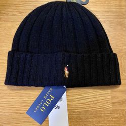 New POLO RALPH LAUREN Mens Beanie Hat,Wool Ribbed Cuff Pony Logo,Black