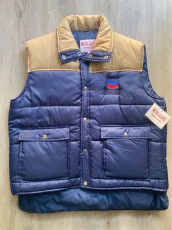Vintage Wear-Guard Rugged Clothes Quilted Puffer Vest Blue Tan Chevron 1986 2XL