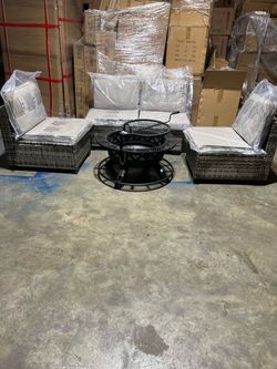 5-PCS Patio Rattan Furniture Set Black Cushioned Sofa Chair With 40-inch Wood Burning Fire Pit with Stainless Steel Cooking Grate $399 š„š„š„Second L