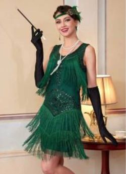 Green 1920s Flapper Fringe Dress S-M-L