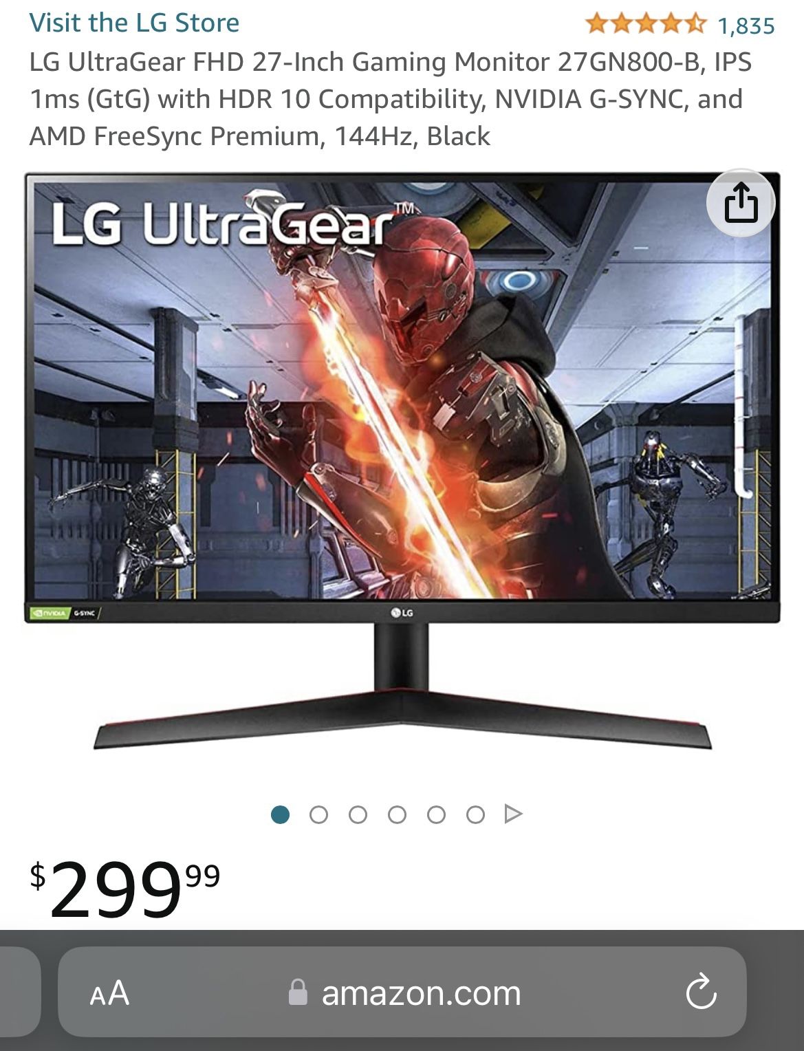 LG UltraGear FHD 27-Inch Gaming Monitor 27GN800-B, IPS 1ms (GtG) with HDR  10 Compatibility, NVIDIA G-SYNC, and AMD FreeSync Premium, 144Hz, Black