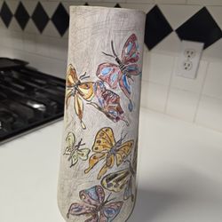 Art Pottery Vase Clay Glazed Etched With Butterflies