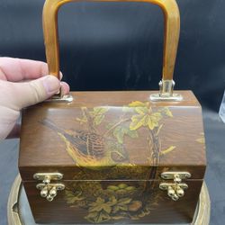 Vintage Wooden Box Purse With Bird Motif & Lucite Handle