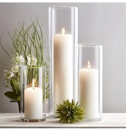 12-Pack White Pillar Candles with Clear Hurricane Glass Vases - 3-Size Set for Wedding Table Centerpieces, Home Decor | Windproof Candle Holders