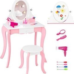 New in Box Kids Vanity Set, 2 in 1 Princess Makeup Dressing Table w/Double-Sided 360° Swivel Mirror