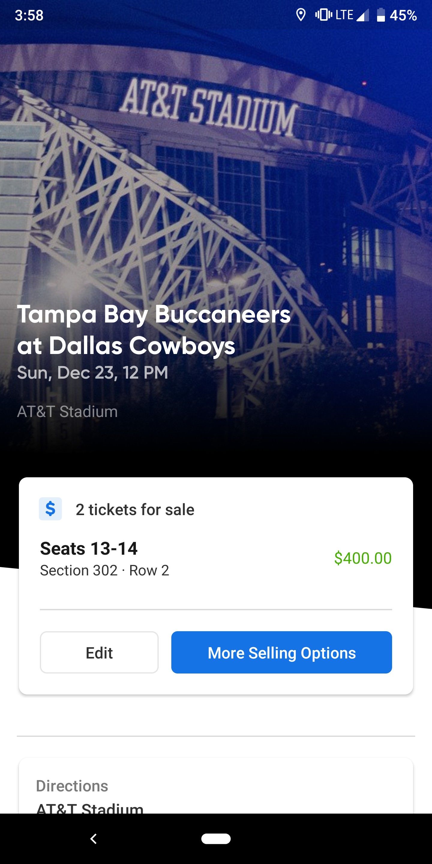 Two (2) tickets to Cowboys vs. Buccaneers