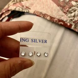 Real Silver Zircon Diamond Small Stud Earrings 