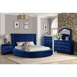 King Blue Velvet Tufted Bedroom Furniture Set