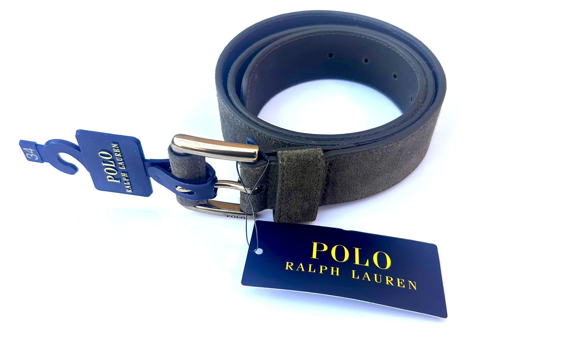 Men’s NEW Polo Ralph Lauren Suede Leather Belt Roller Buckle 1-1/2 Olive Size 34
